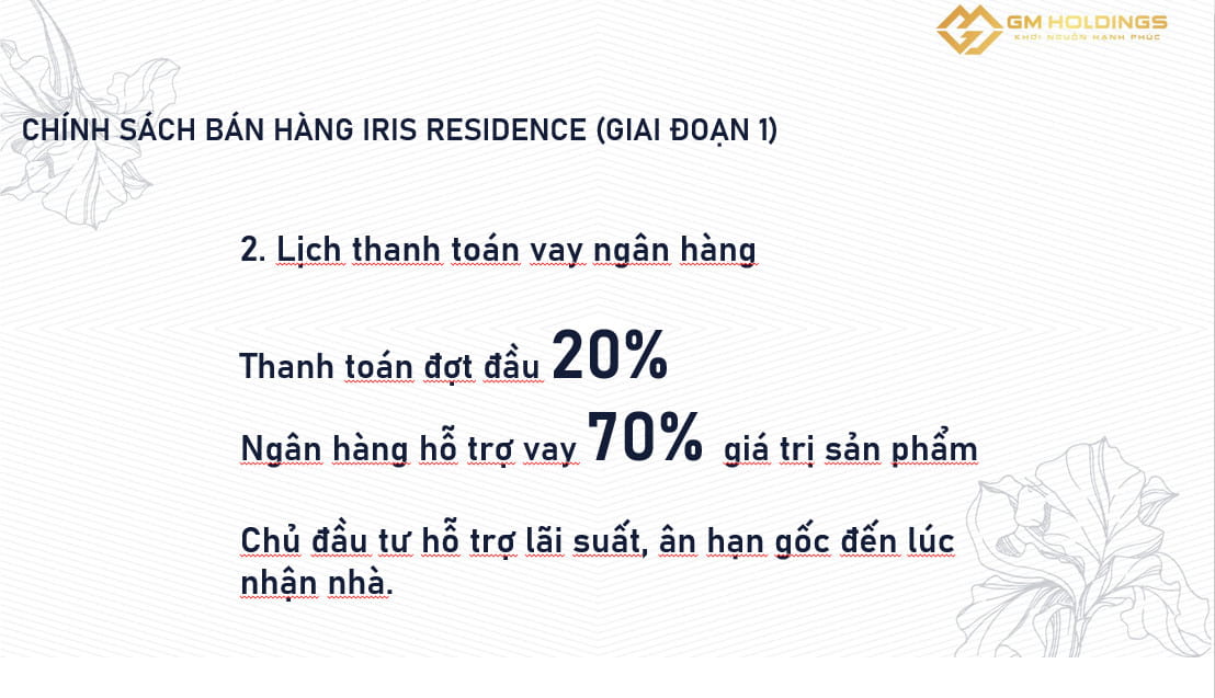 Lịch thanh toán Iris Residence hình thức vay ngân hàng